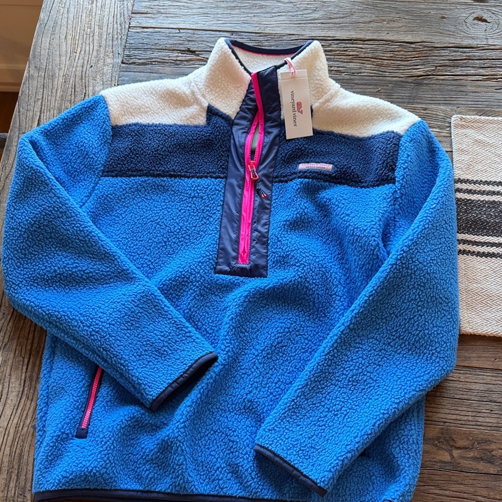 Vineyard Vines Blue Sherpa Half-Zip with Cream Yoke & Pink Zipper